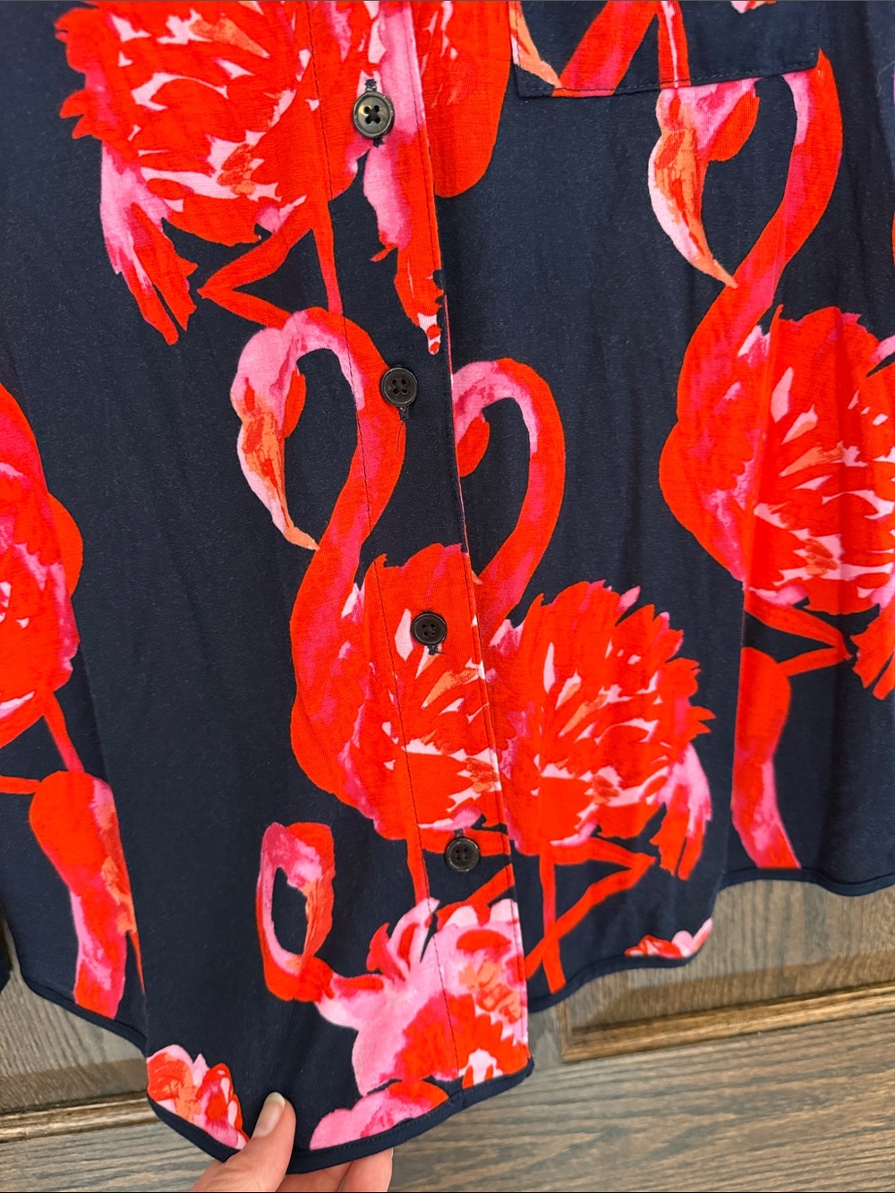 Soma Cool Night Navy red pink flamingoes print long sleeve button down pj top - Picture 5 of 9